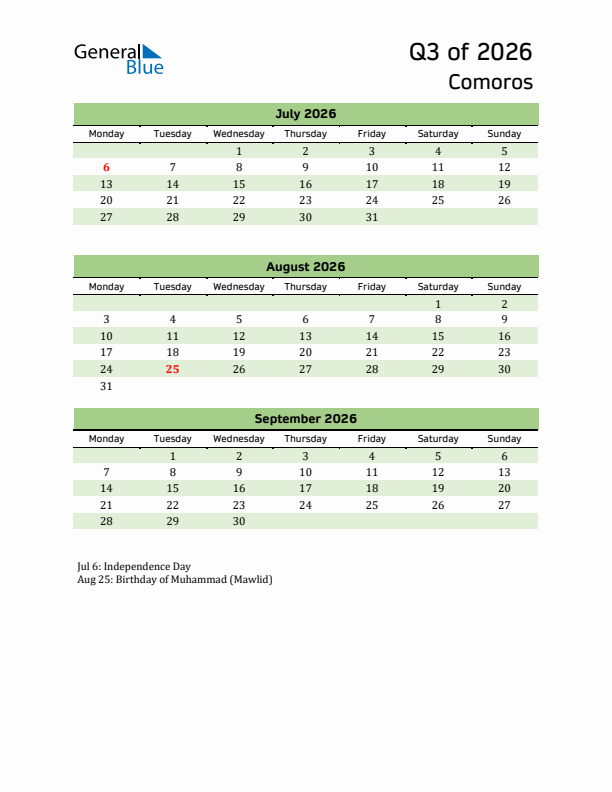 Quarterly Calendar 2026 with Comoros Holidays