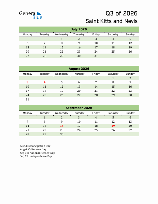 Quarterly Calendar 2026 with Saint Kitts and Nevis Holidays