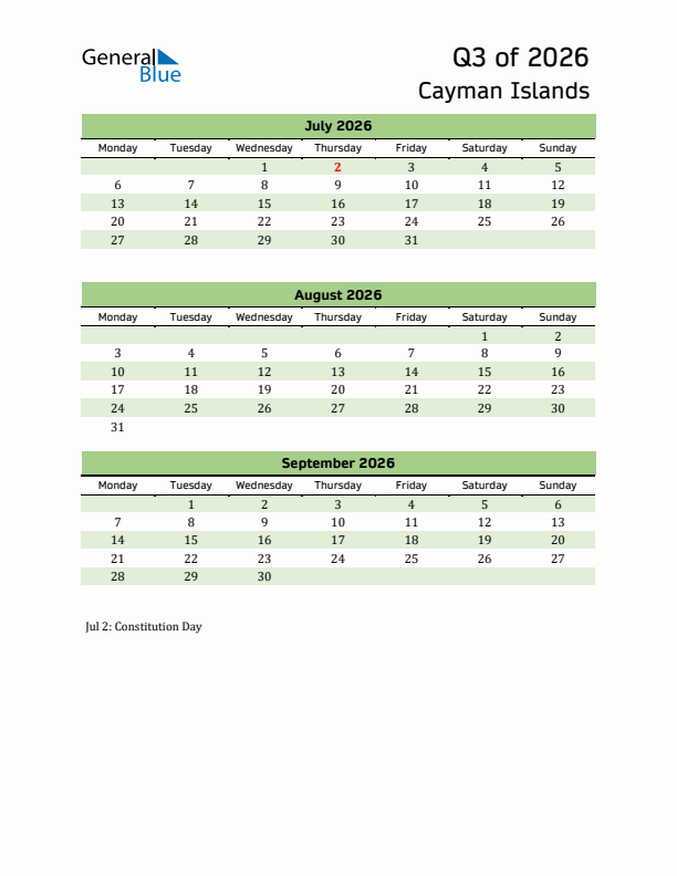Quarterly Calendar 2026 with Cayman Islands Holidays