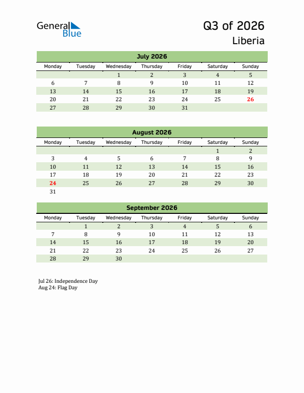 Quarterly Calendar 2026 with Liberia Holidays