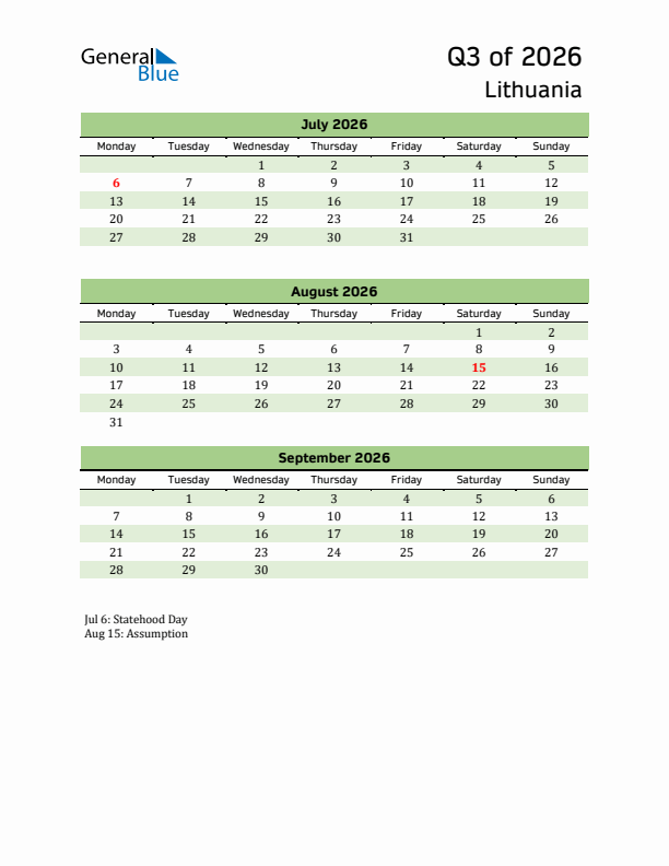 Quarterly Calendar 2026 with Lithuania Holidays