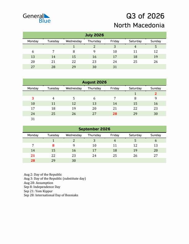 Quarterly Calendar 2026 with North Macedonia Holidays