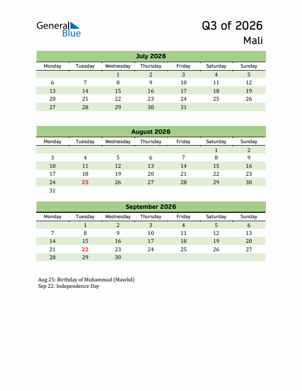 Quarterly Calendar 2026 with Mali Holidays