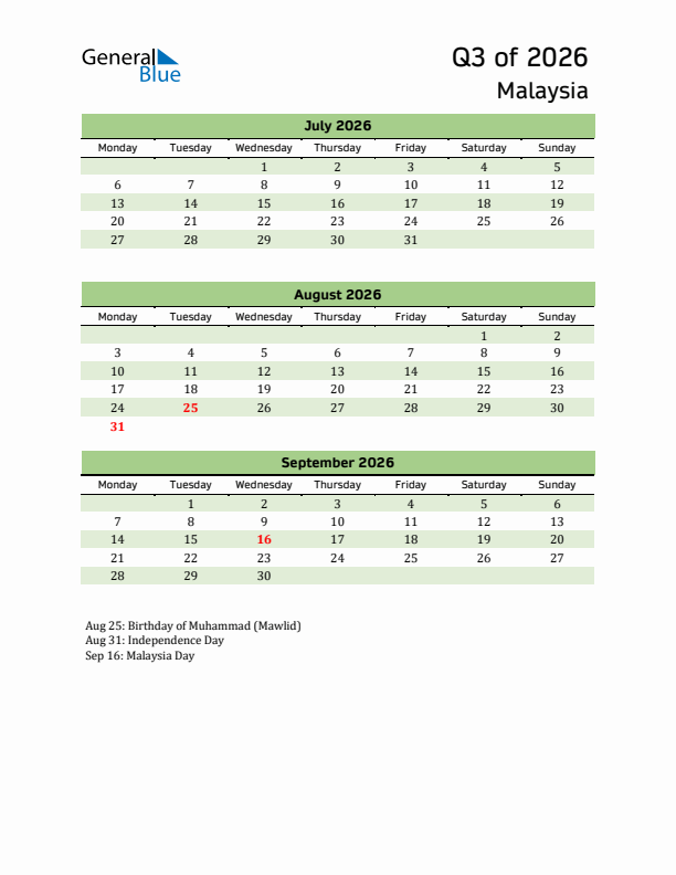 Quarterly Calendar 2026 with Malaysia Holidays