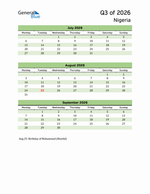 Quarterly Calendar 2026 with Nigeria Holidays