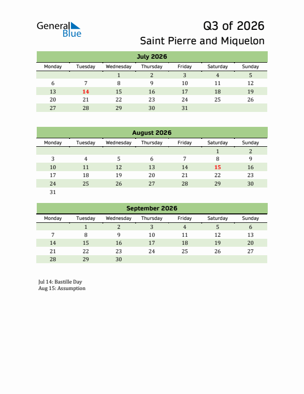 Quarterly Calendar 2026 with Saint Pierre and Miquelon Holidays