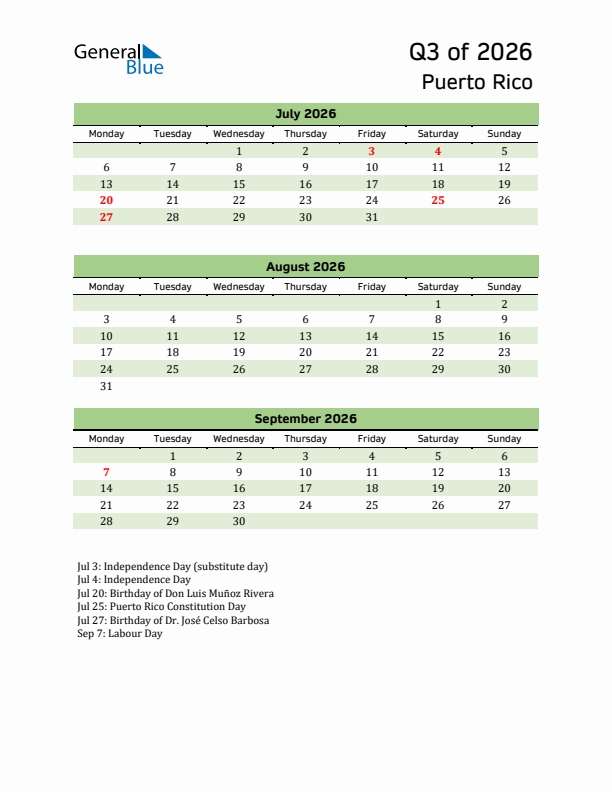 Quarterly Calendar 2026 with Puerto Rico Holidays