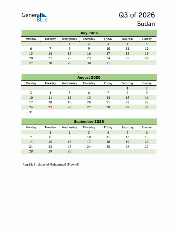 Quarterly Calendar 2026 with Sudan Holidays
