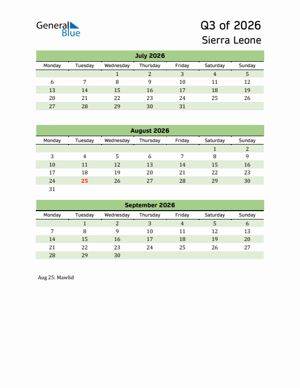 Quarterly Calendar 2026 with Sierra Leone Holidays