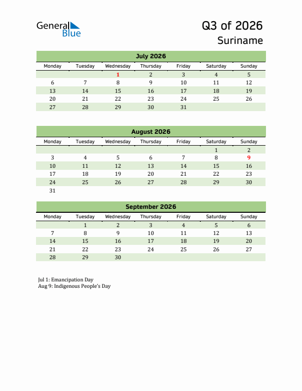 Quarterly Calendar 2026 with Suriname Holidays