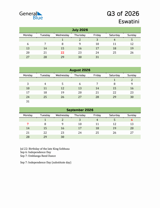 Quarterly Calendar 2026 with Eswatini Holidays