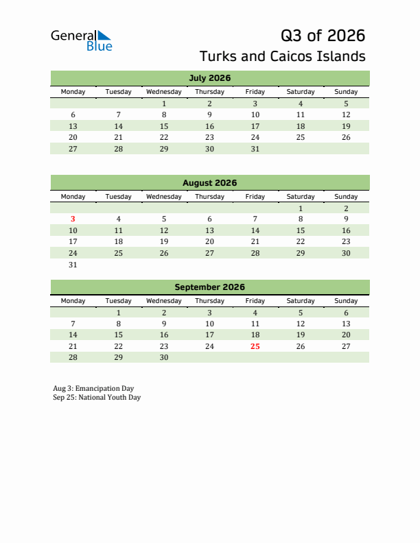Quarterly Calendar 2026 with Turks and Caicos Islands Holidays