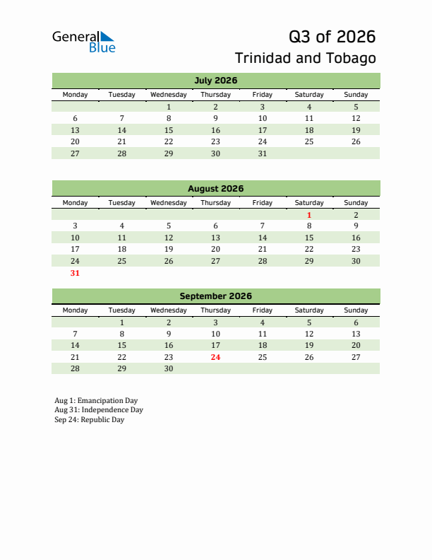 Quarterly Calendar 2026 with Trinidad and Tobago Holidays