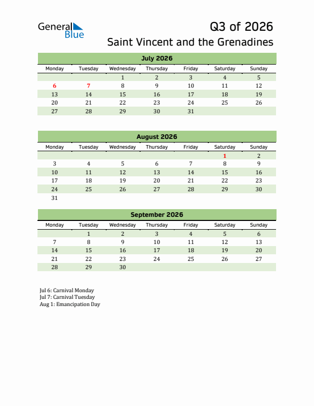 Quarterly Calendar 2026 with Saint Vincent and the Grenadines Holidays