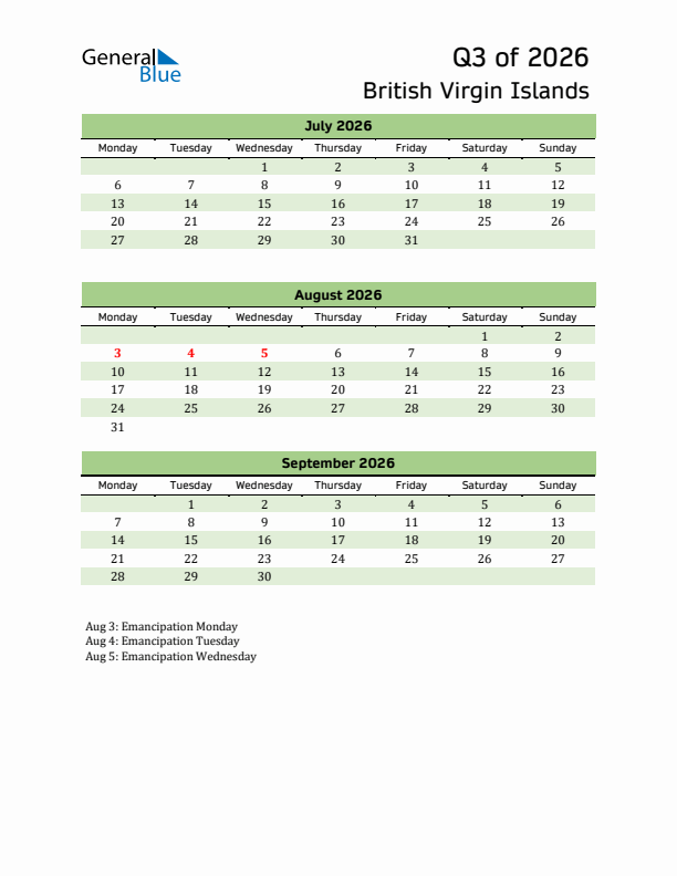 Quarterly Calendar 2026 with British Virgin Islands Holidays