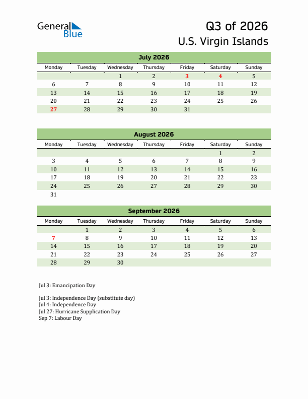 Quarterly Calendar 2026 with U.S. Virgin Islands Holidays