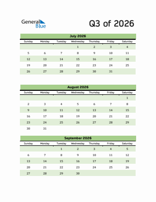 Quarter 3  2026 calendar template