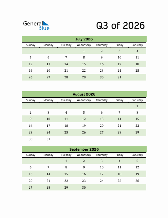 Quarter 3 2026 calendar template
