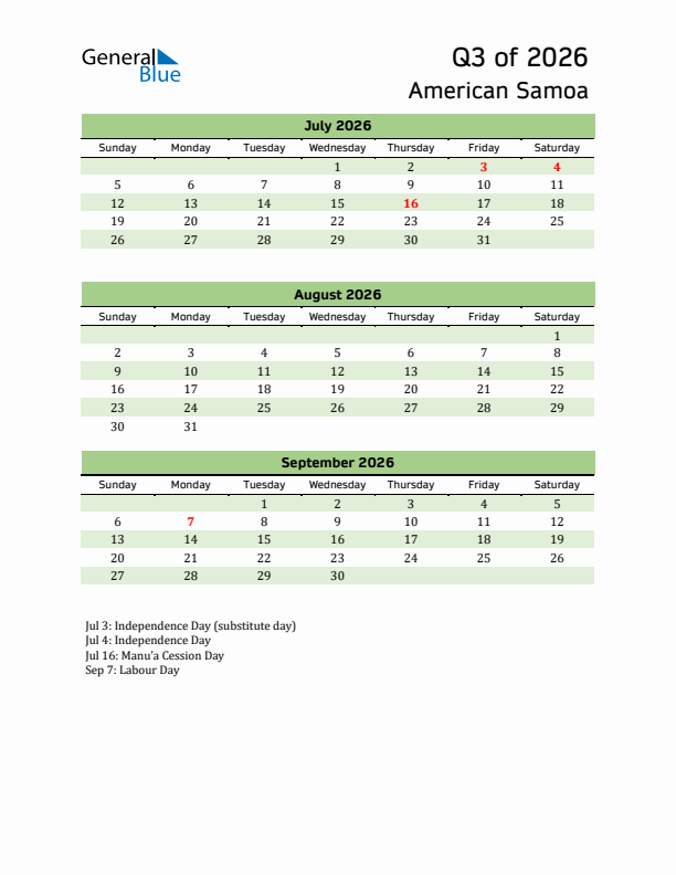 Quarterly Calendar 2026 with American Samoa Holidays