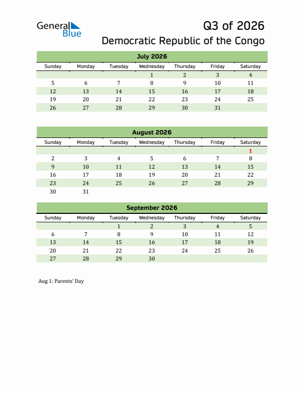 Quarterly Calendar 2026 with Democratic Republic of the Congo Holidays