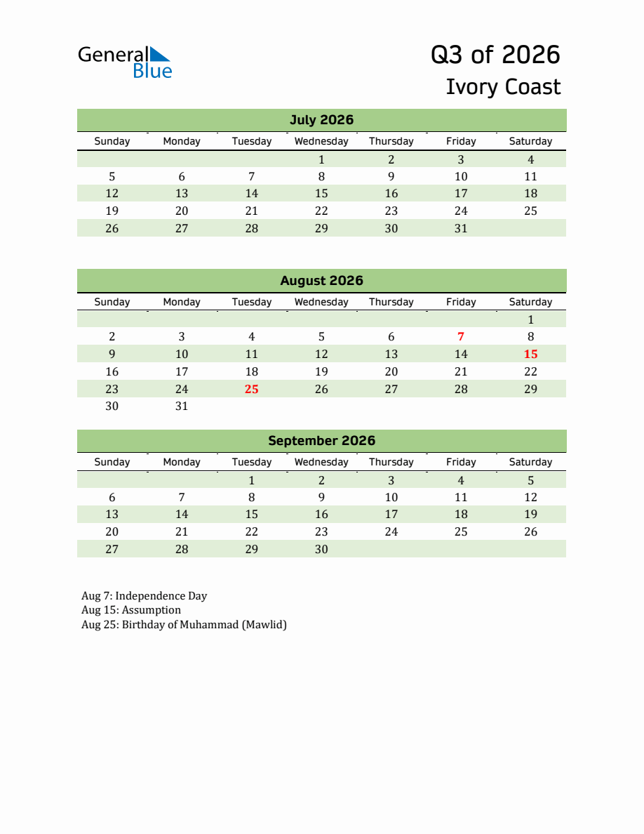 Quarterly Calendar with Ivory Coast Holidays (Q3 of 2026)