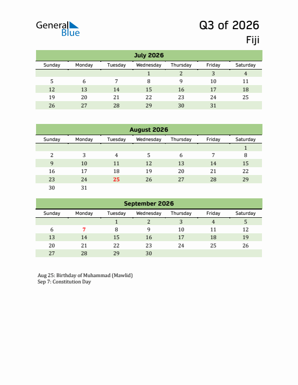 Quarterly Calendar 2026 with Fiji Holidays