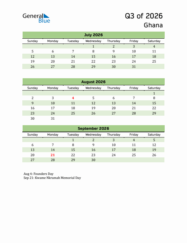 Quarterly Calendar 2026 with Ghana Holidays