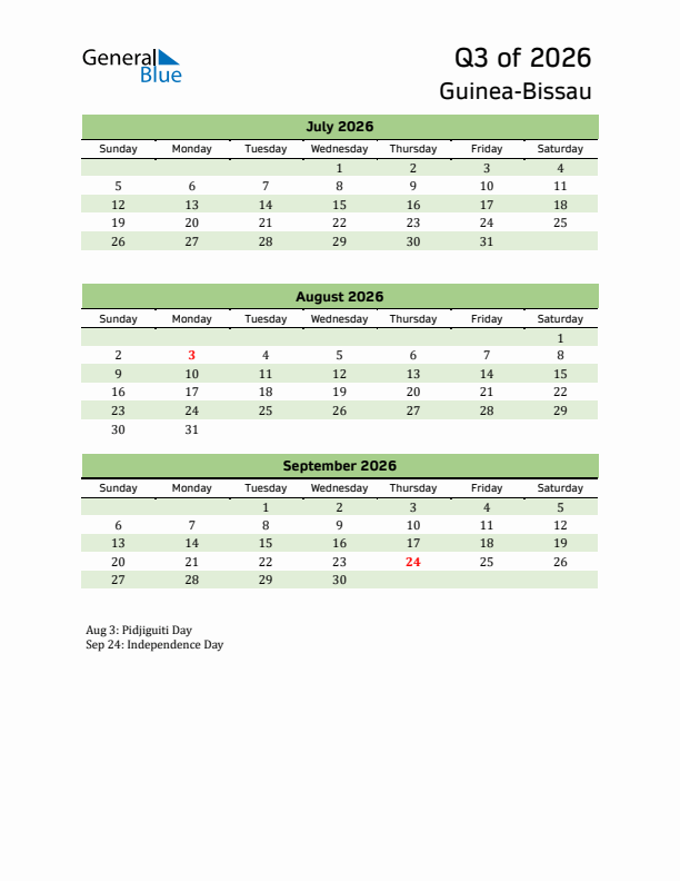 Quarterly Calendar 2026 with Guinea-Bissau Holidays