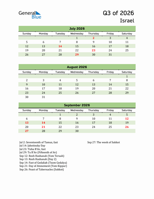 Quarterly Calendar 2026 with Israel Holidays