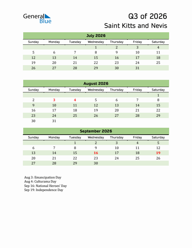 Quarterly Calendar 2026 with Saint Kitts and Nevis Holidays