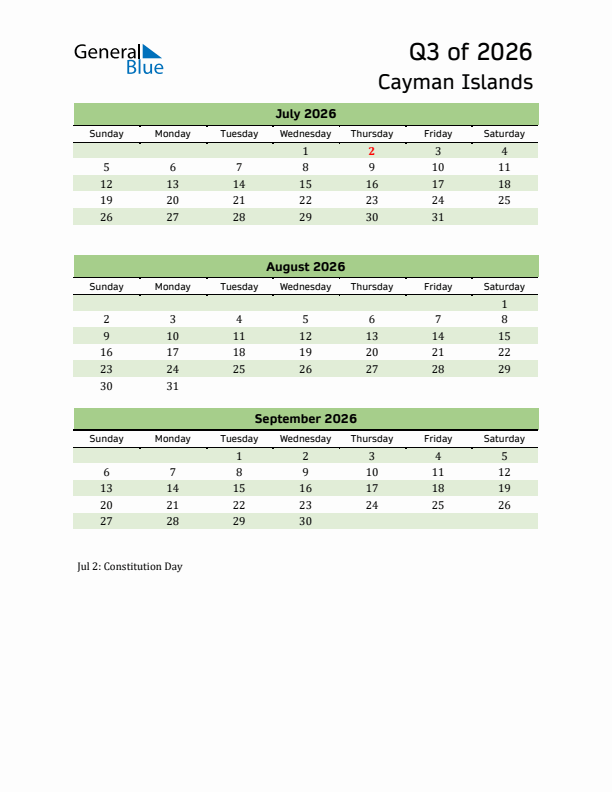 Quarterly Calendar 2026 with Cayman Islands Holidays