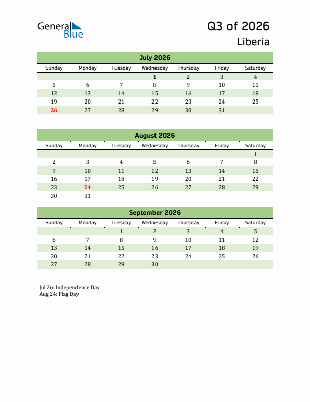 Quarterly Calendar 2026 with Liberia Holidays