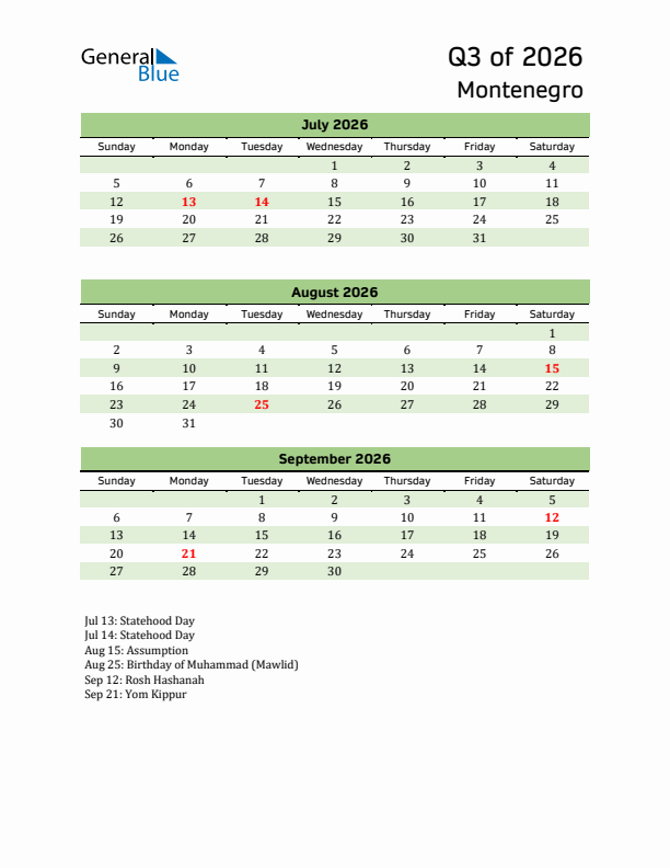 Quarterly Calendar 2026 with Montenegro Holidays