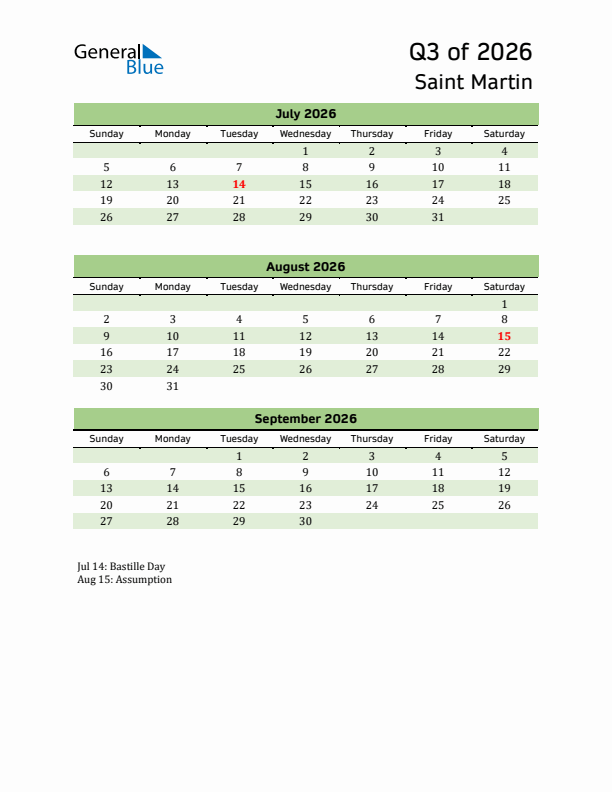 Quarterly Calendar 2026 with Saint Martin Holidays