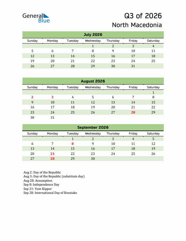 Quarterly Calendar 2026 with North Macedonia Holidays
