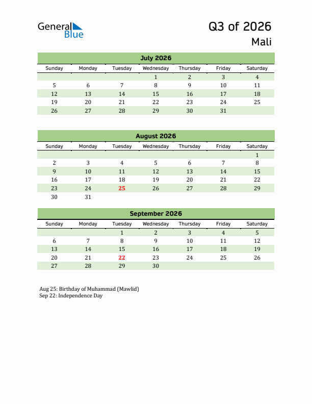 Quarterly Calendar 2026 with Mali Holidays