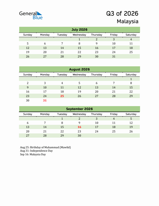 Quarterly Calendar 2026 with Malaysia Holidays