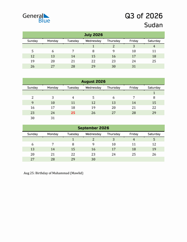 Quarterly Calendar 2026 with Sudan Holidays