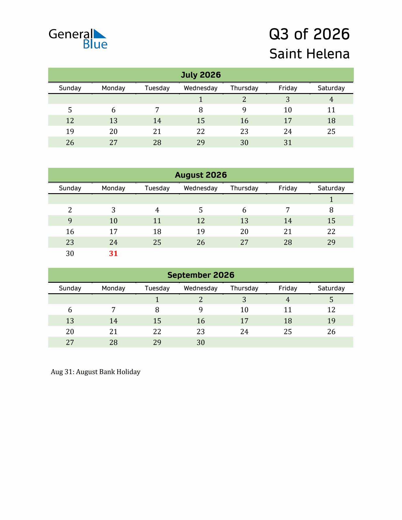 Quarterly Calendar 2026 with Saint Helena Holidays