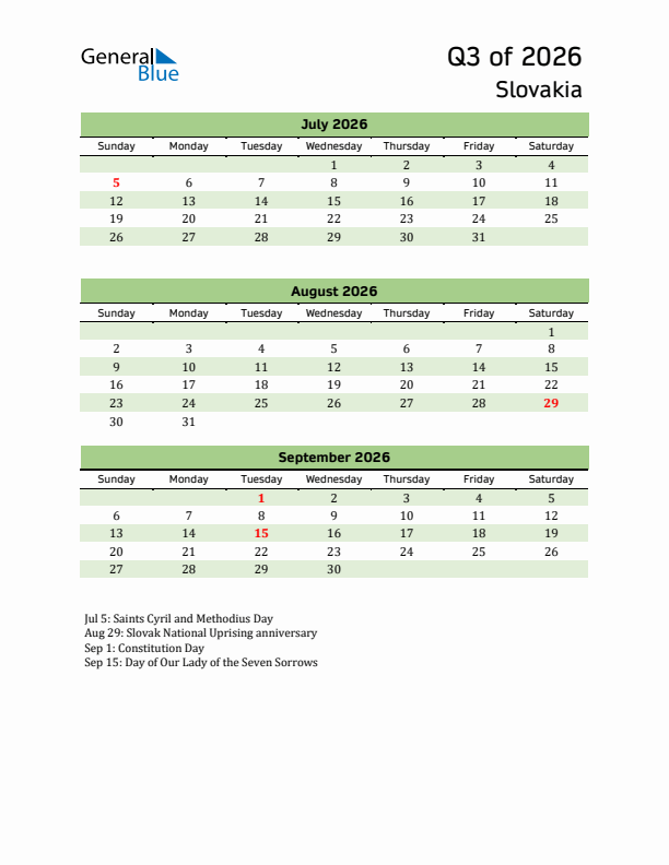 Quarterly Calendar 2026 with Slovakia Holidays
