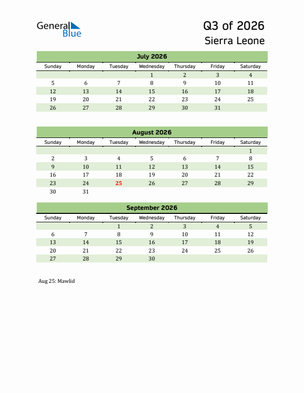 Quarterly Calendar 2026 with Sierra Leone Holidays
