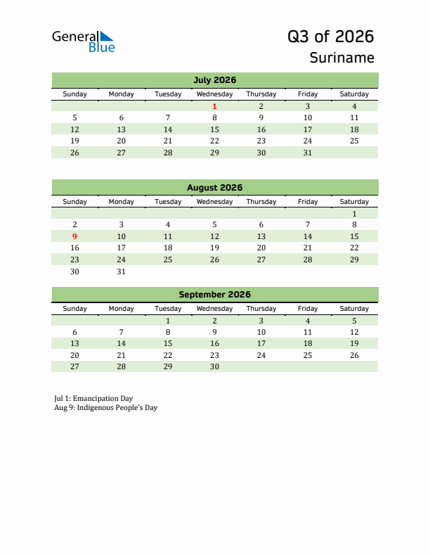 Quarterly Calendar 2026 with Suriname Holidays