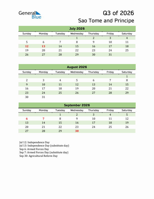 Quarterly Calendar 2026 with Sao Tome and Principe Holidays