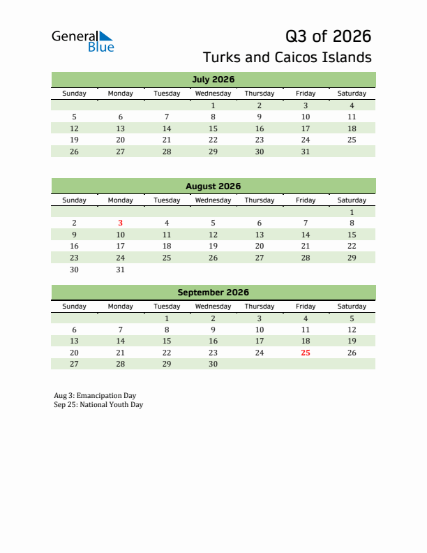 Quarterly Calendar 2026 with Turks and Caicos Islands Holidays