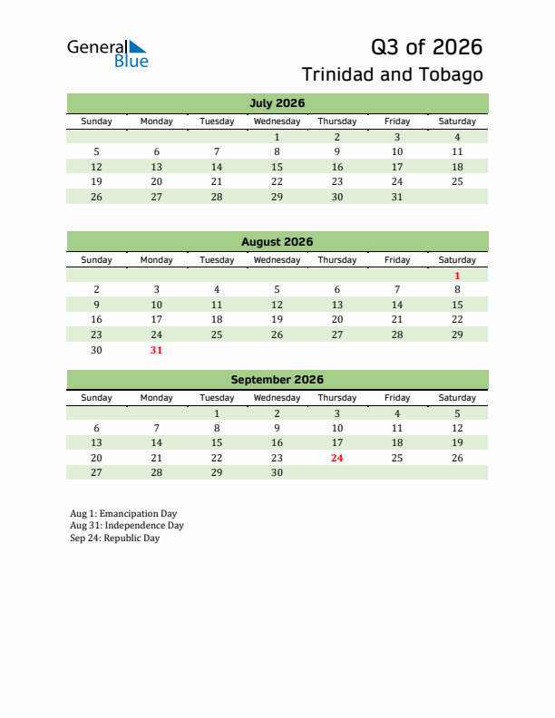 Quarterly Calendar 2026 with Trinidad and Tobago Holidays
