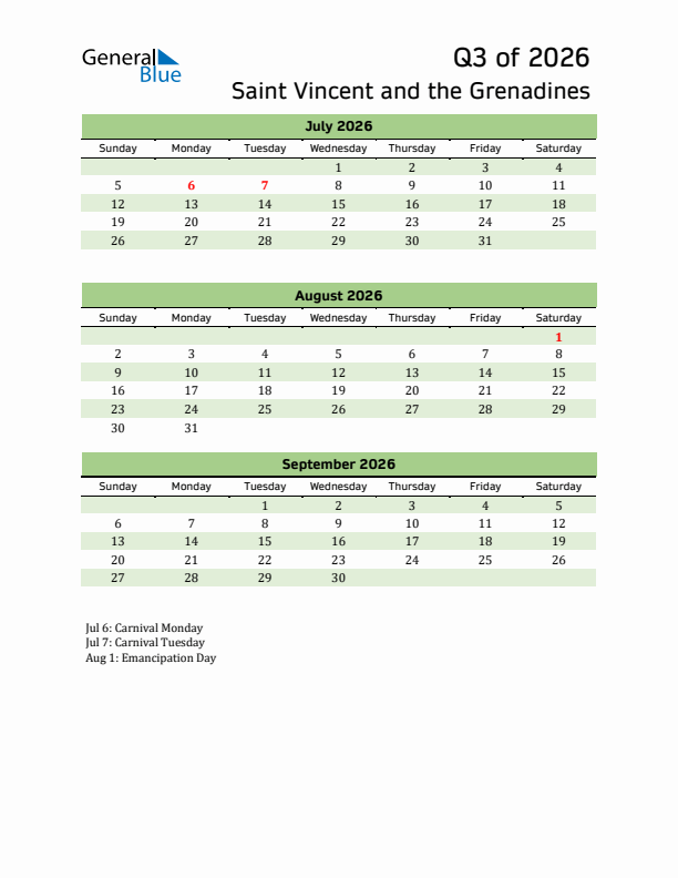 Quarterly Calendar 2026 with Saint Vincent and the Grenadines Holidays