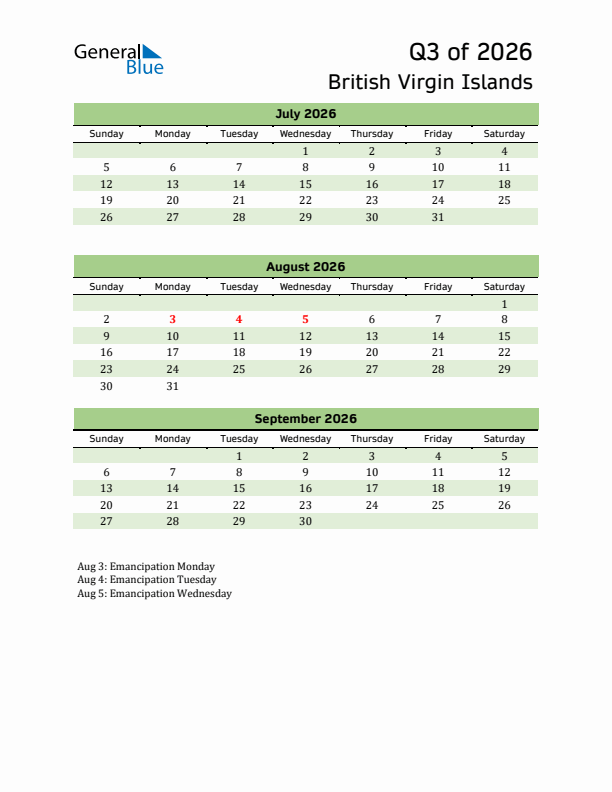 Quarterly Calendar 2026 with British Virgin Islands Holidays