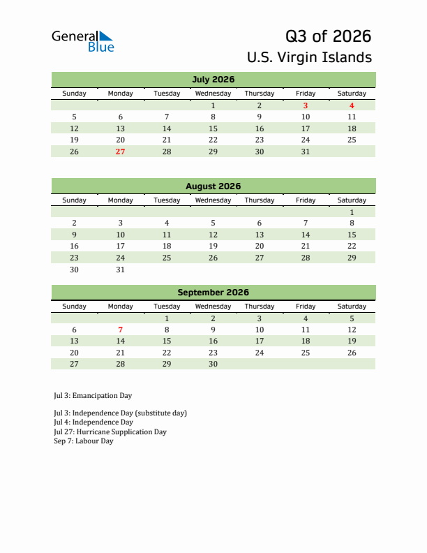Quarterly Calendar 2026 with U.S. Virgin Islands Holidays