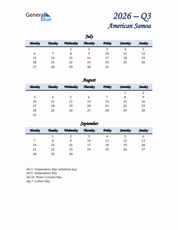 July, August, and September Calendar for American Samoa with Monday Start