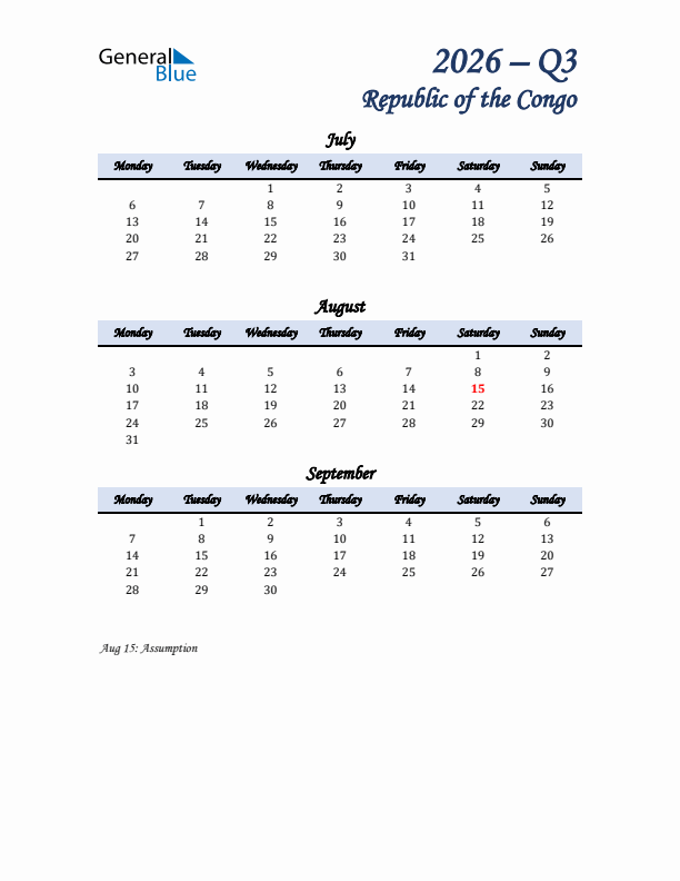 July, August, and September Calendar for Republic of the Congo with Monday Start